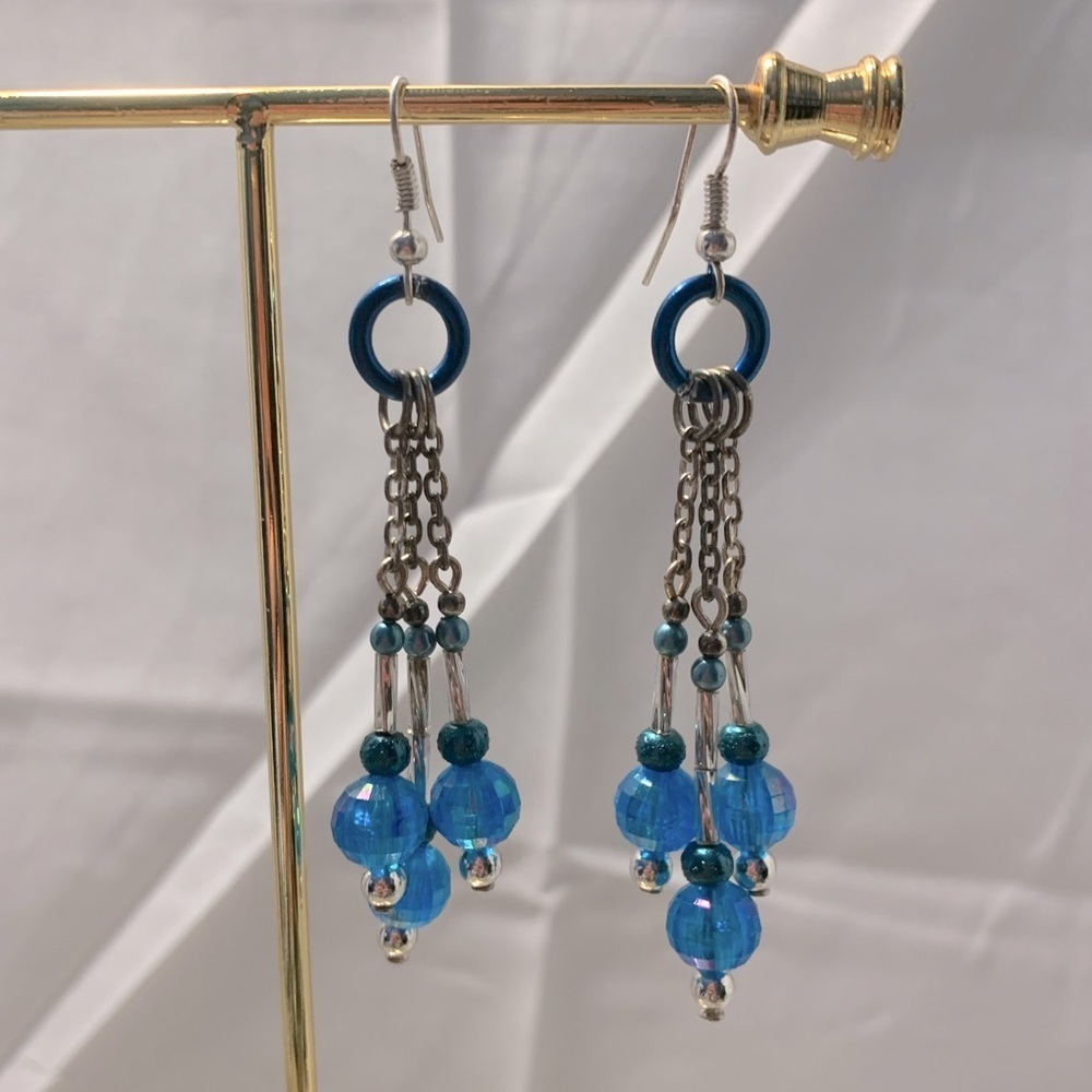 Blue & Silver Beaded Dangle Earrings